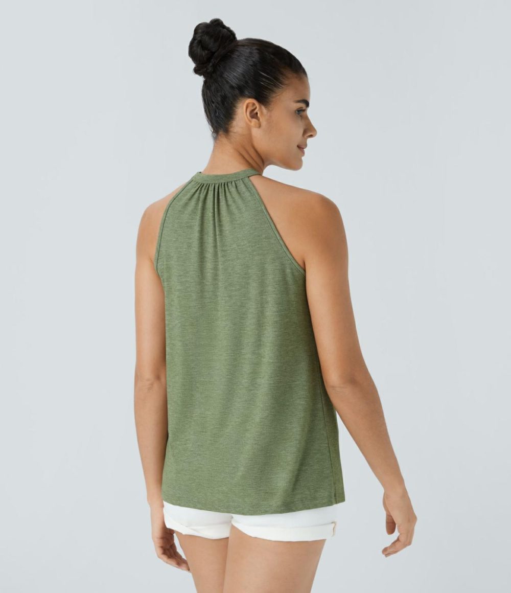 Round Neck Plicated Casual Tank Top  | Womens  T-Shirts Clothing Light Green Floral Yarn/Darl Gray Floral Yarn