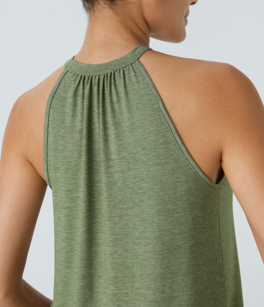 Round Neck Plicated Casual Tank Top  | Womens  T-Shirts Clothing Light Green Floral Yarn/Darl Gray Floral Yarn