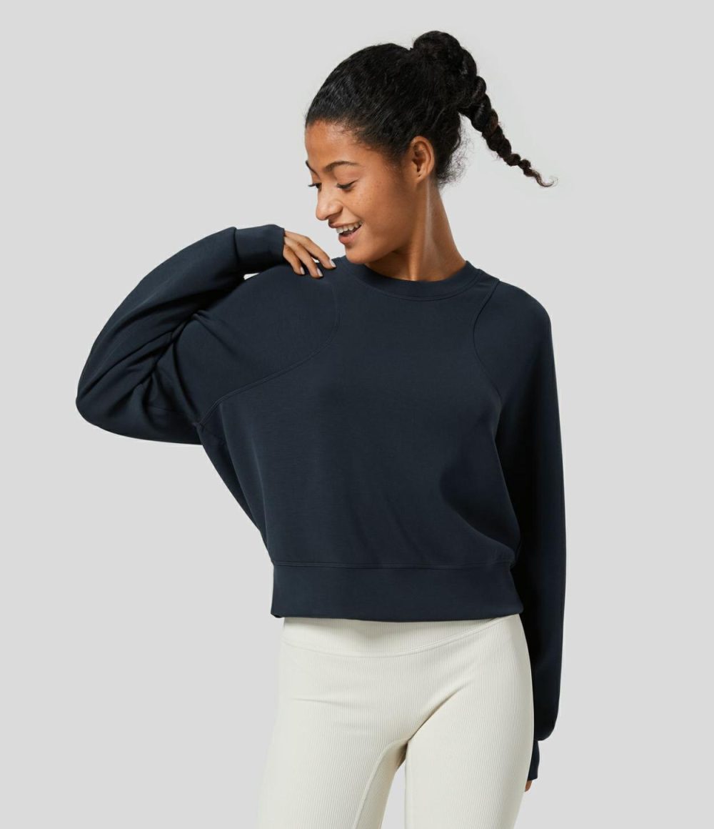 Round Neck Raglan Sleeve Solid Casual Sweatshirt  | Womens  Long Sleeve Tops Clothing Long Sleeve Tops