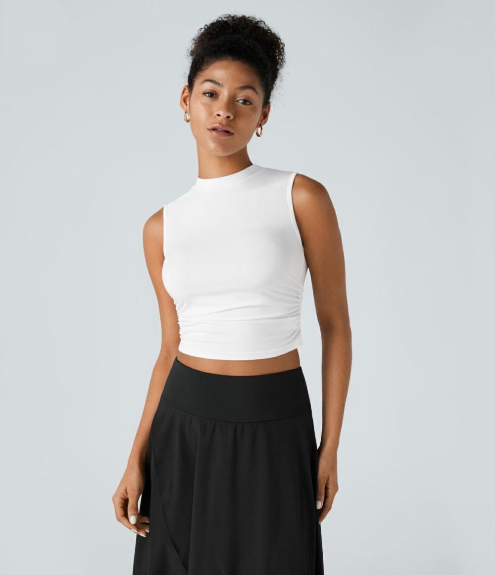 Round Neck Ruched Skinny Cropped Casual Tank Top  | Womens  Cropped Tops Clothing Cropped Tops