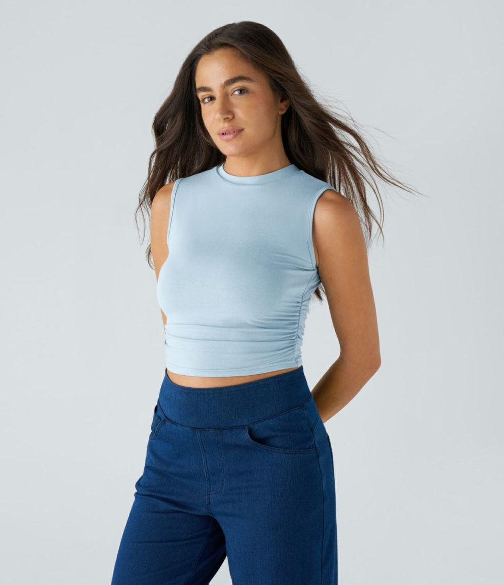 Round Neck Ruched Skinny Cropped Casual Tank Top  | Womens  Cropped Tops Clothing Cropped Tops