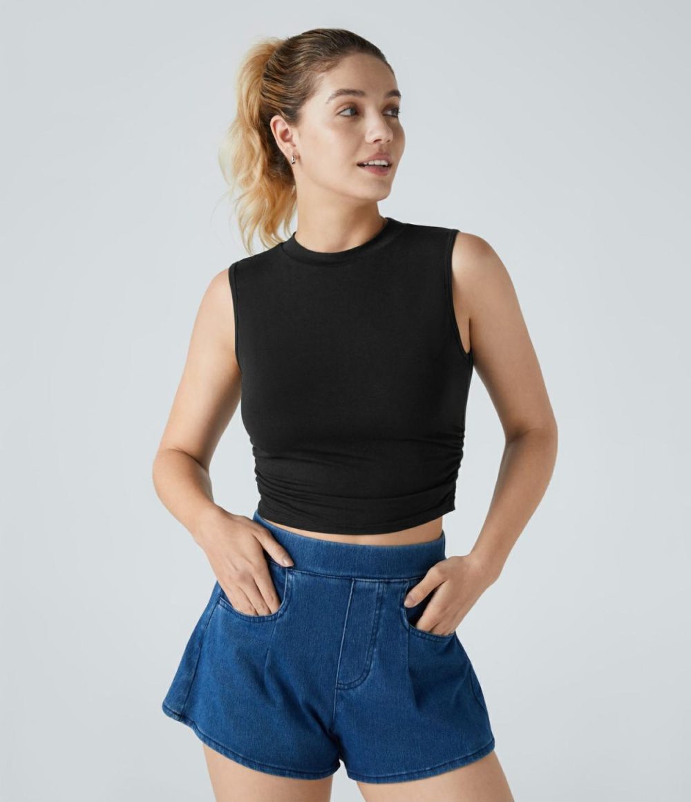 Round Neck Ruched Skinny Cropped Casual Tank Top  | Womens  Cropped Tops Clothing Cropped Tops