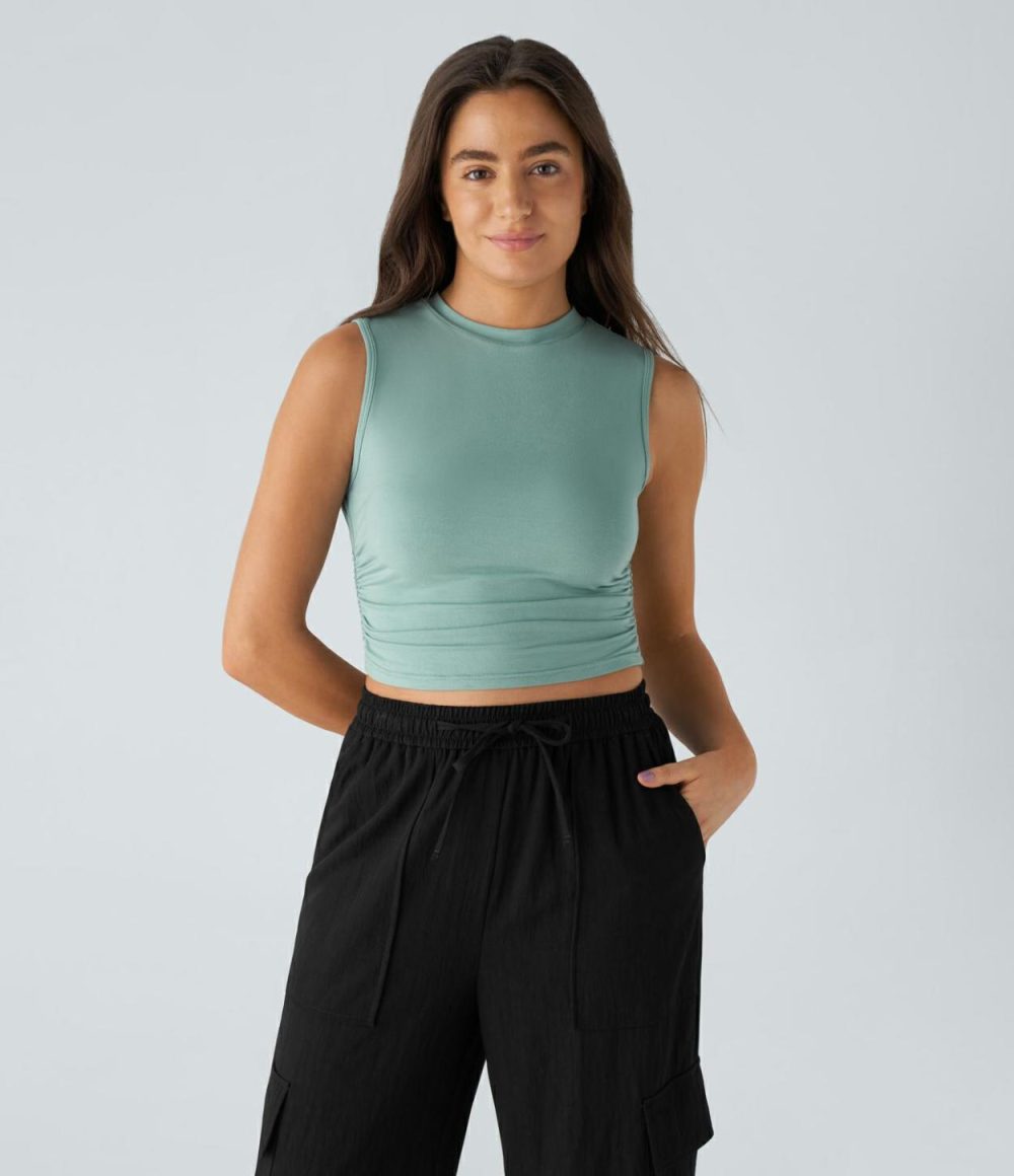 Round Neck Ruched Skinny Cropped Casual Tank Top  | Womens  Cropped Tops Clothing Cropped Tops