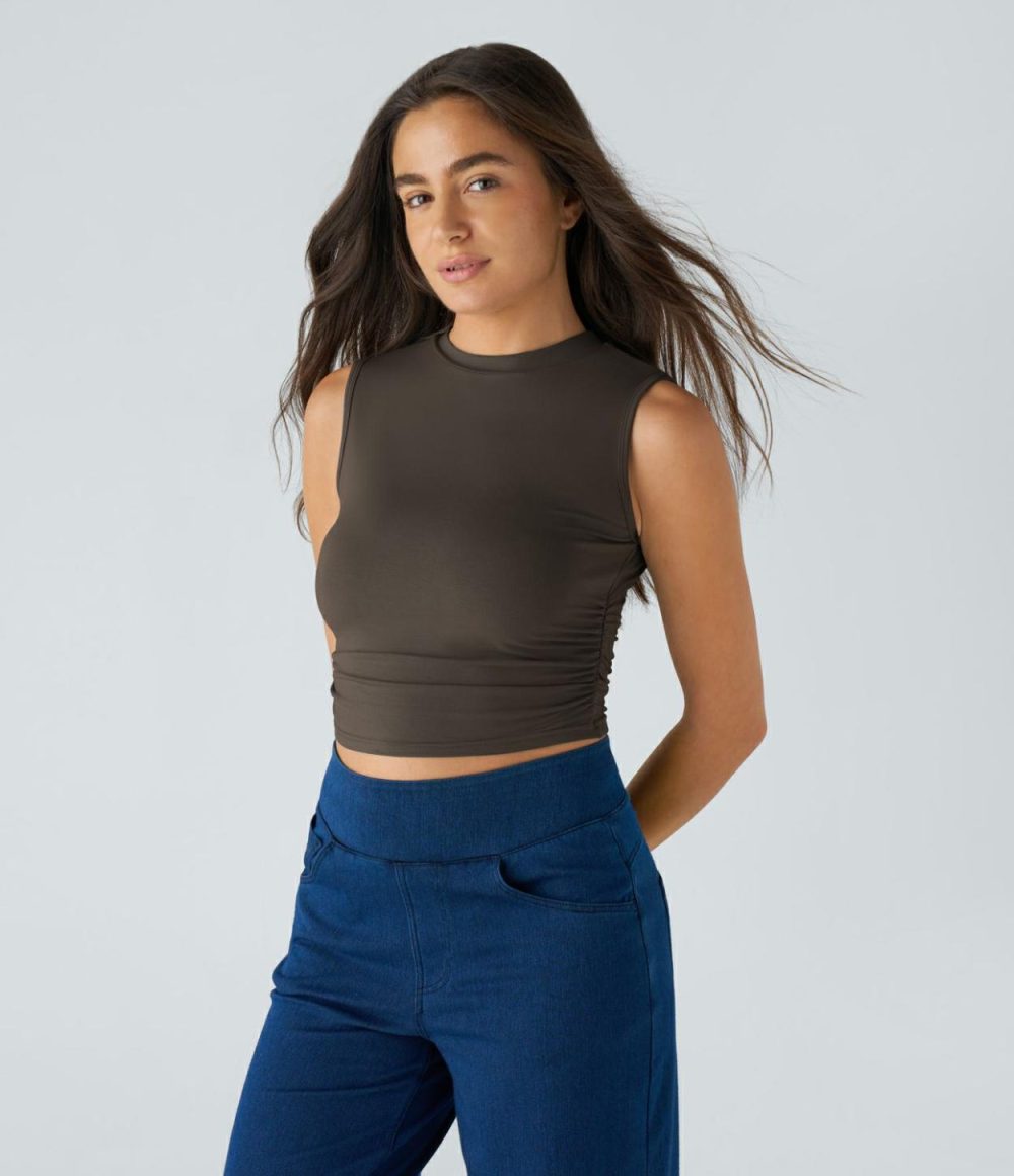 Round Neck Ruched Skinny Cropped Casual Tank Top  | Womens  Cropped Tops Clothing Cropped Tops