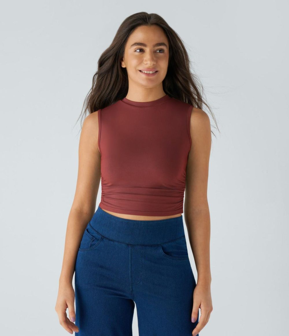 Round Neck Ruched Skinny Cropped Casual Tank Top  | Womens  Cropped Tops Clothing Cropped Tops