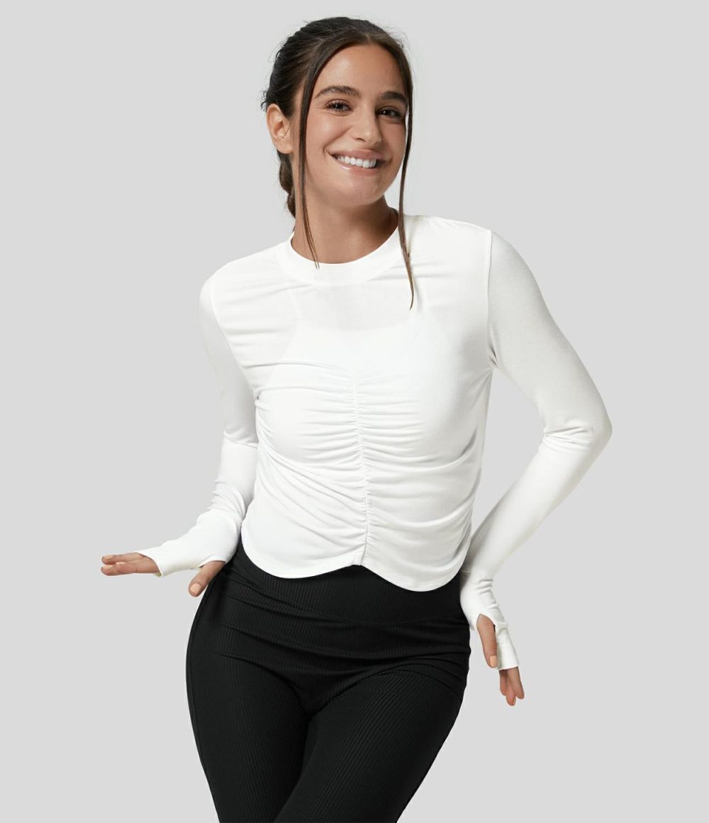 Round Neck Ruched Thumb Hole Casual Sports Top  | Womens  Sports Tops Clothing Sports Tops