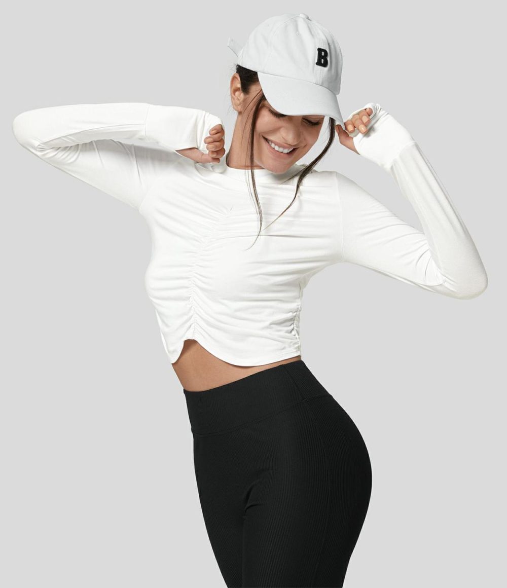 Round Neck Ruched Thumb Hole Casual Sports Top  | Womens  Sports Tops Clothing Sports Tops