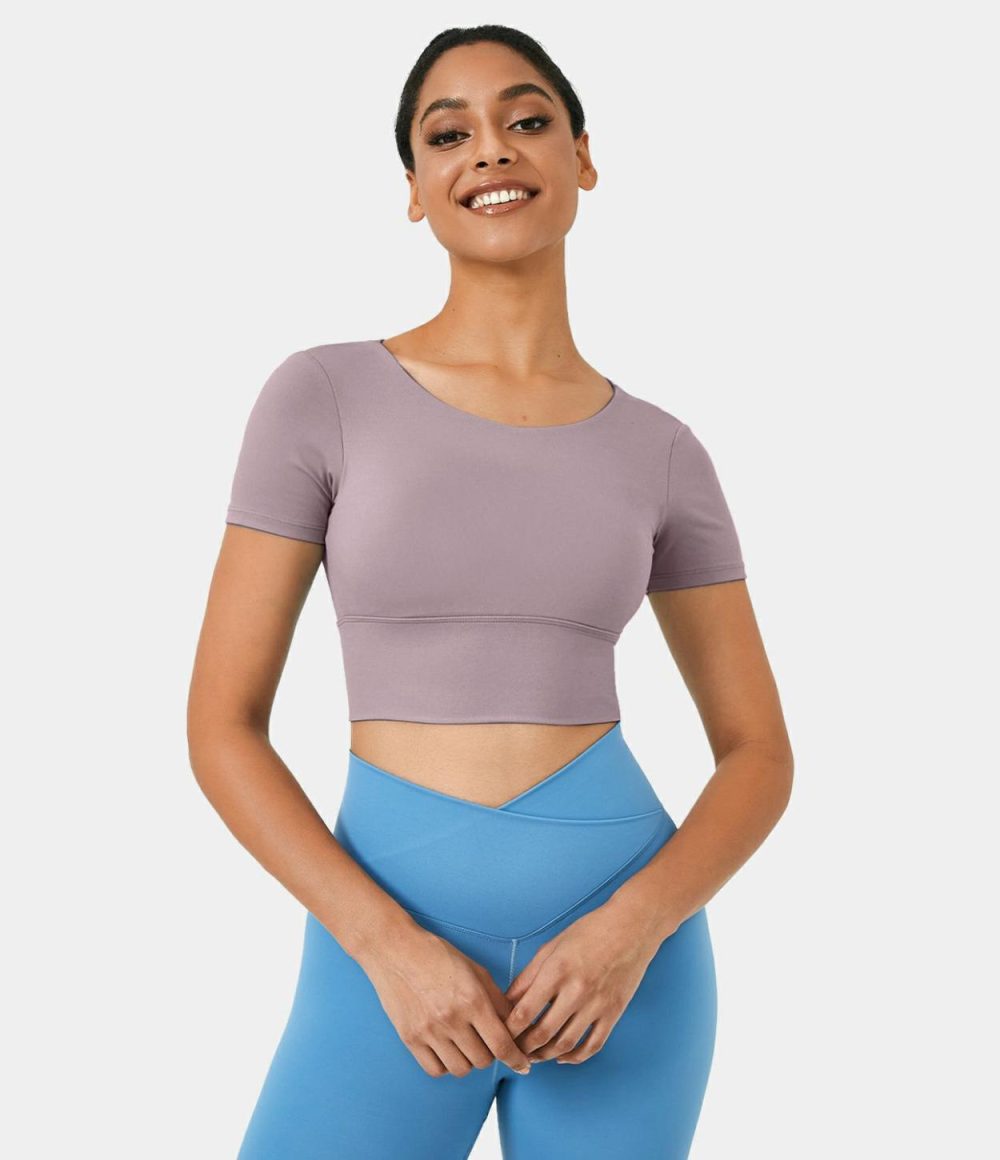 Round Neck Short Sleeve Backless Crisscross Cropped Sports Top  | Womens  Sports Tops Clothing Glacier Blue/Iris Purple/Black/White/Granite Rose