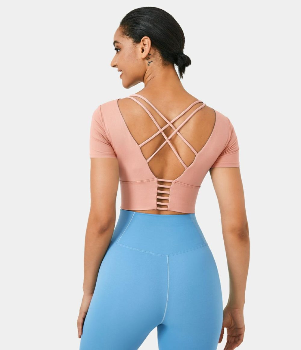 Round Neck Short Sleeve Backless Crisscross Cropped Sports Top  | Womens  Sports Tops Clothing Glacier Blue/White/Black/Granite Rose/Iris Purple