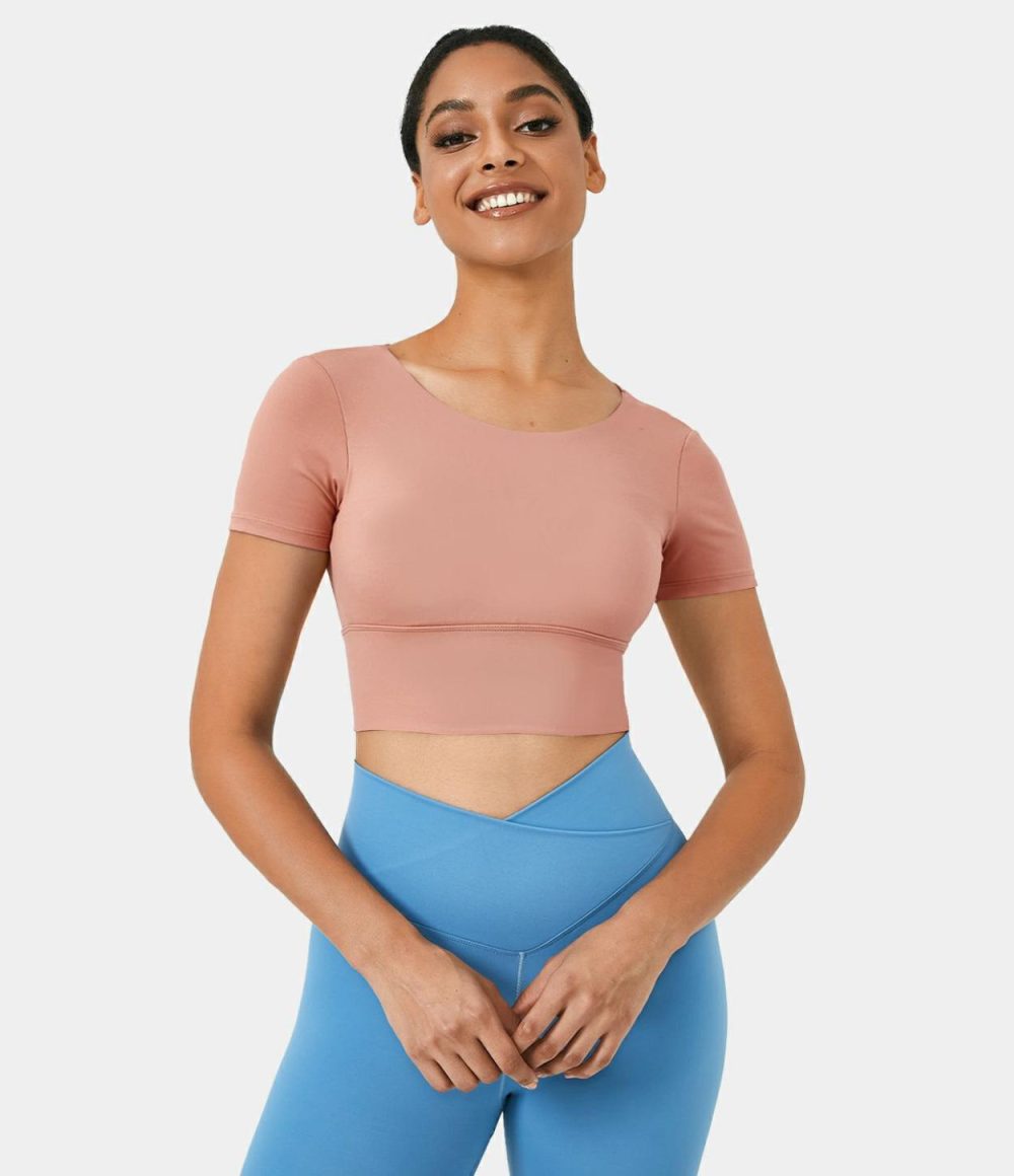 Round Neck Short Sleeve Backless Crisscross Cropped Sports Top  | Womens  Sports Tops Clothing Glacier Blue/Iris Purple/Black/White/Granite Rose