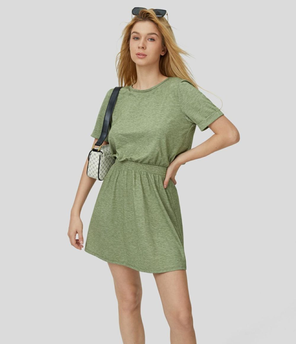 Round Neck Short Sleeve Backless Cut Out Mini Casual Dress  | Womens  Mini Dresses Clothing Light Green Floral Yarn/Light Blue Floral Yarn/Darl Gray Floral Yarn