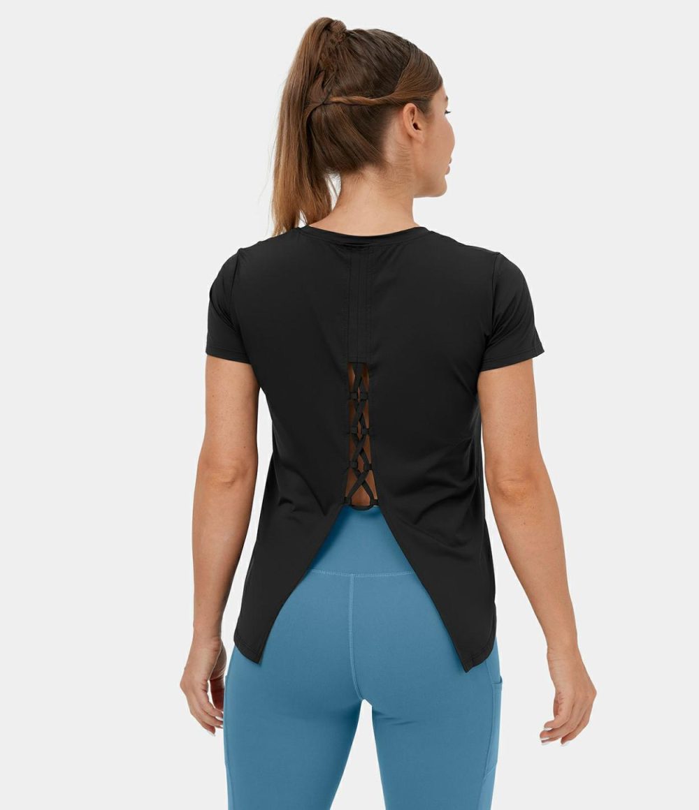 Round Neck Short Sleeve Crisscross Split Tie Back Yoga Sports Top  | Womens  Sports Tops Clothing Black/Saltwater Slide/Calcite