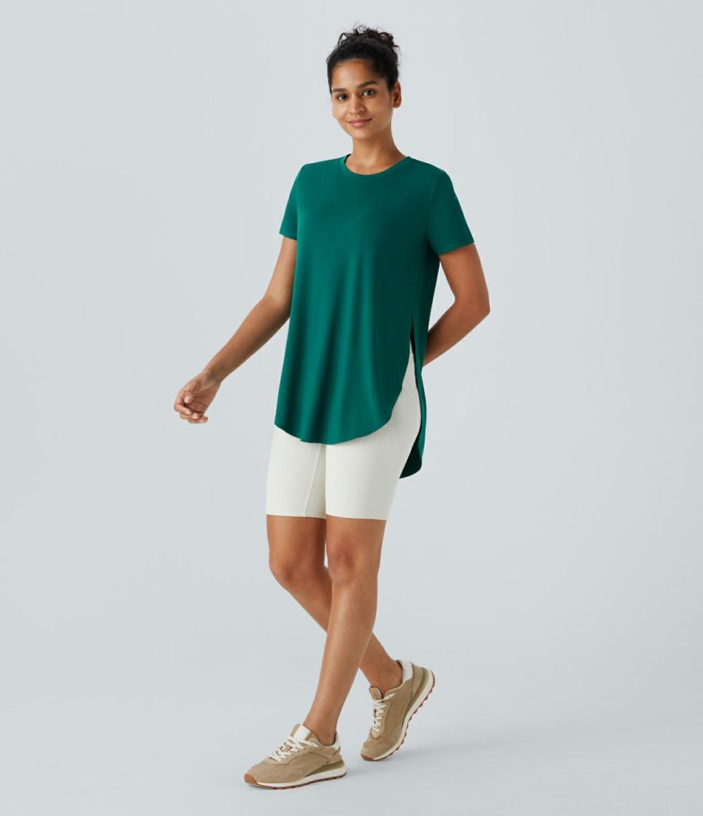 Round Neck Split Curved Hem Casual Tee  | Womens  Curved Hem Tops Clothing Curved Hem Tops