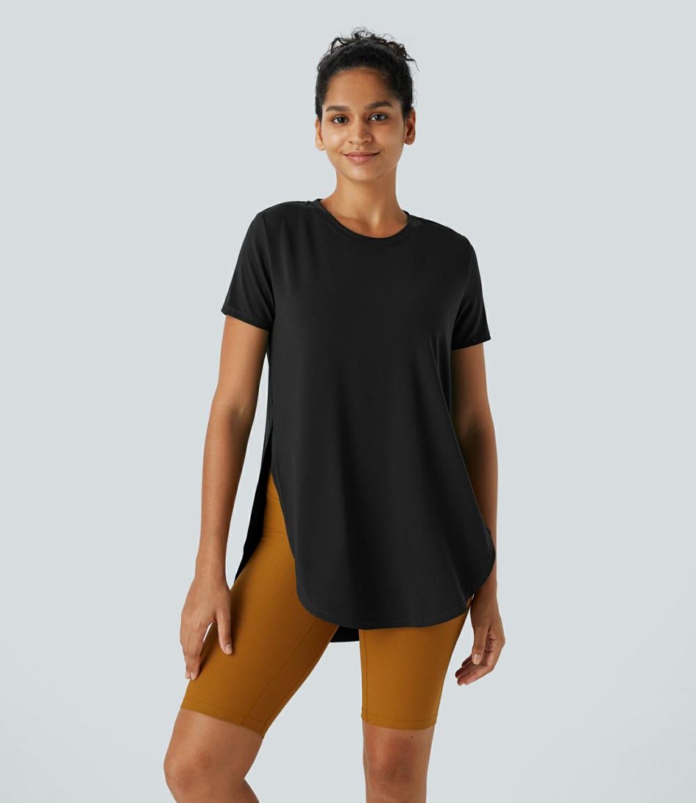 Round Neck Split Curved Hem Casual Tee  | Womens  Curved Hem Tops Clothing Curved Hem Tops