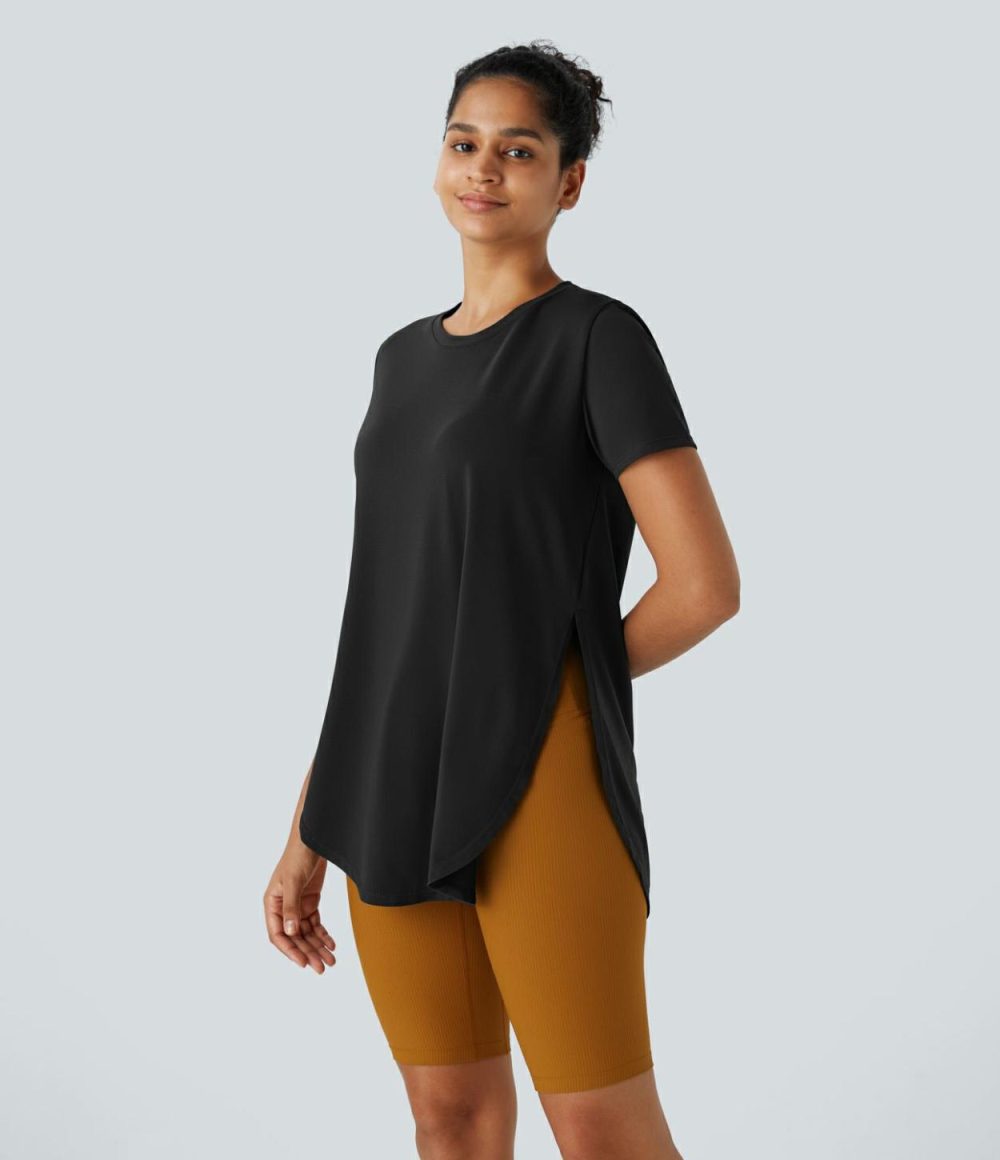 Round Neck Split Curved Hem Casual Tee  | Womens  Curved Hem Tops Clothing Curved Hem Tops