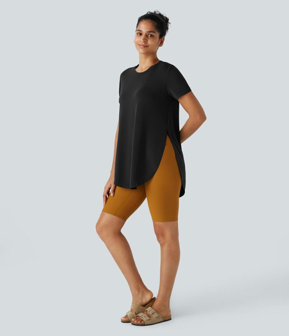 Round Neck Split Curved Hem Casual Tee  | Womens  Curved Hem Tops Clothing Curved Hem Tops