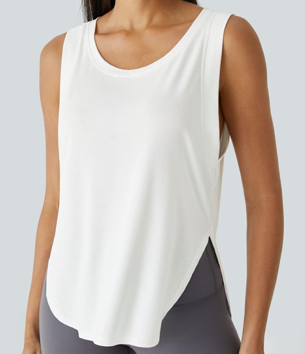 Round Neck Split Hem Casual Tank Top  | Womens  T-Shirts Clothing T-Shirts