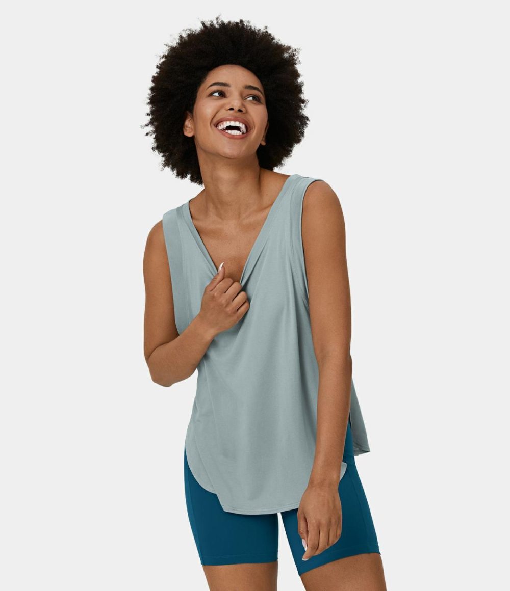 Round Neck Split Hem Casual Tank Top  | Womens  T-Shirts Clothing T-Shirts