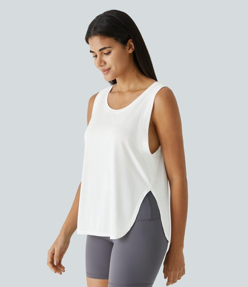 Round Neck Split Hem Casual Tank Top  | Womens  T-Shirts Clothing T-Shirts