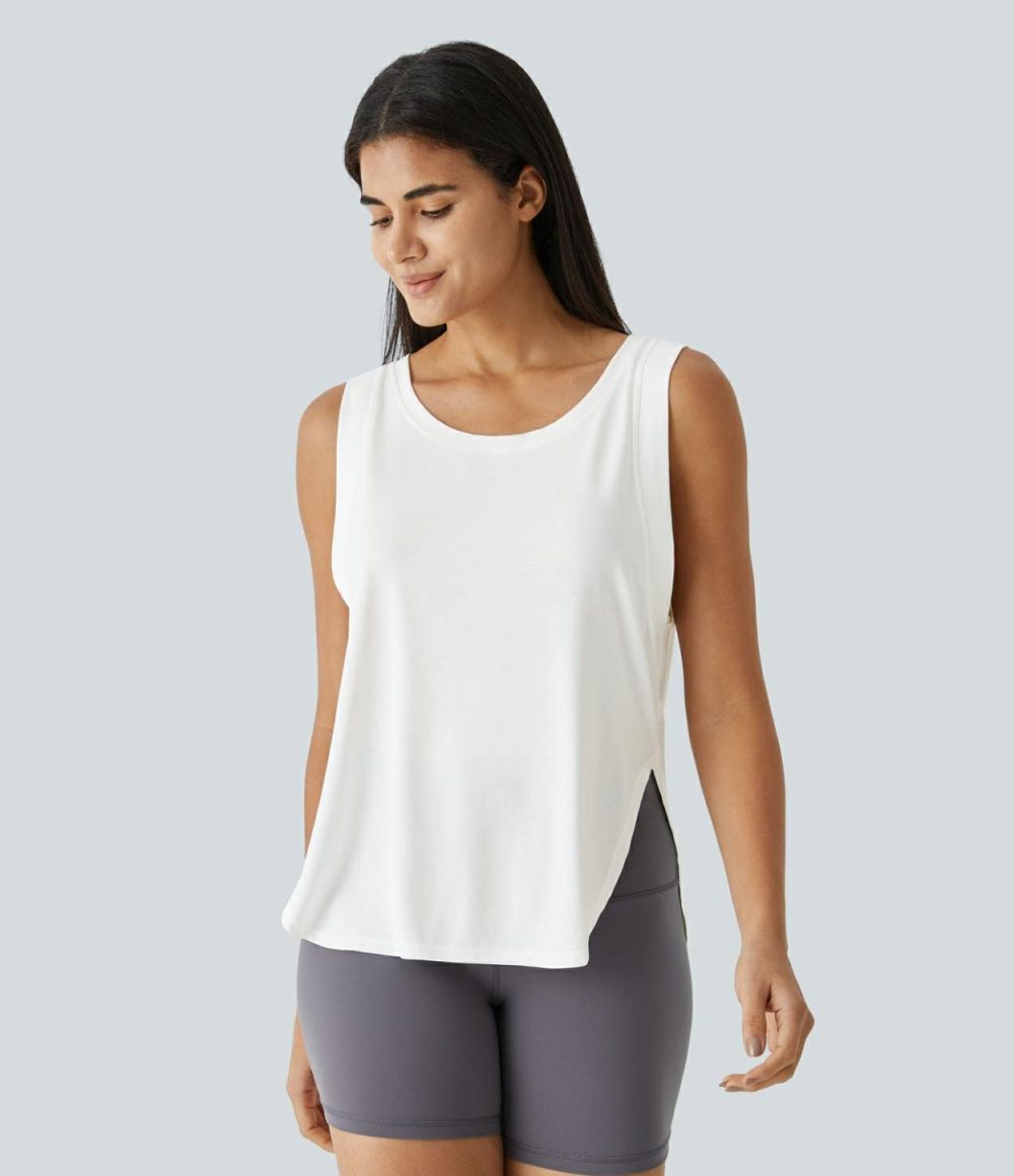 Round Neck Split Hem Casual Tank Top  | Womens  T-Shirts Clothing T-Shirts