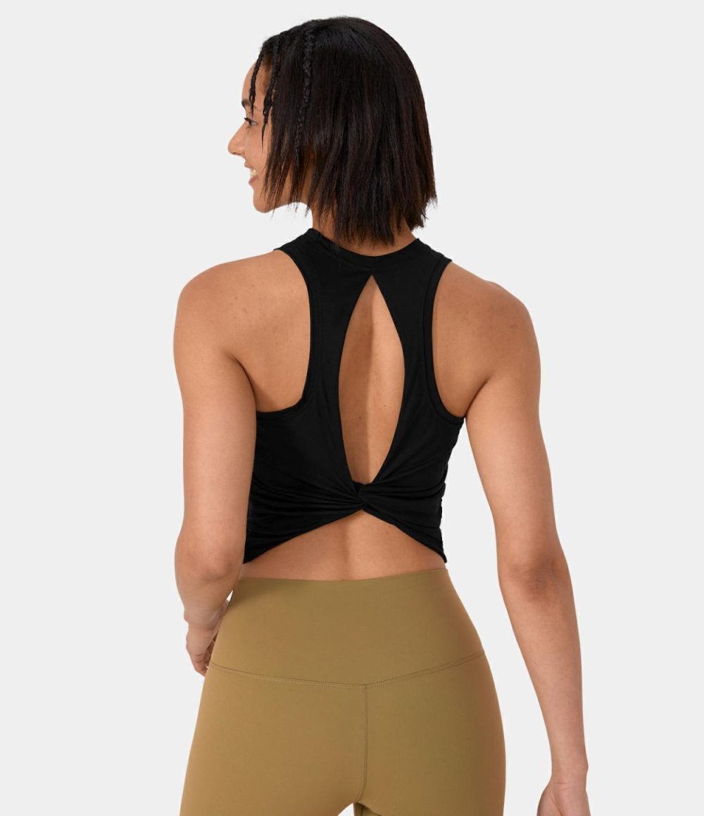 Round Neck Twisted Cut Out Cropped Barre Ballet Dance Top  | Womens  Cropped Tops Clothing Cropped Tops