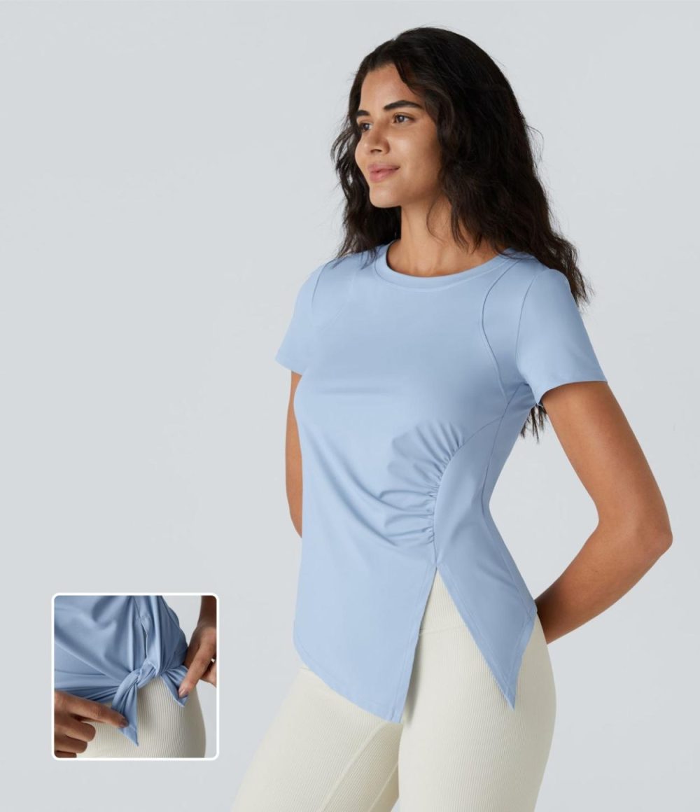 Ruched Asymmetric Split High Low Yoga Sports Top  | Womens  Sports Tops Clothing Ballad Blue/White