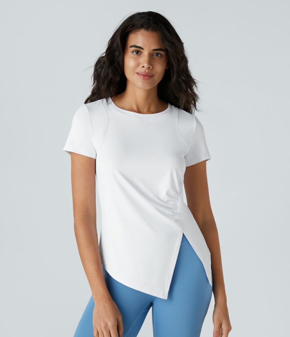 Ruched Asymmetric Split High Low Yoga Sports Top  | Womens  Sports Tops Clothing Ballad Blue/White