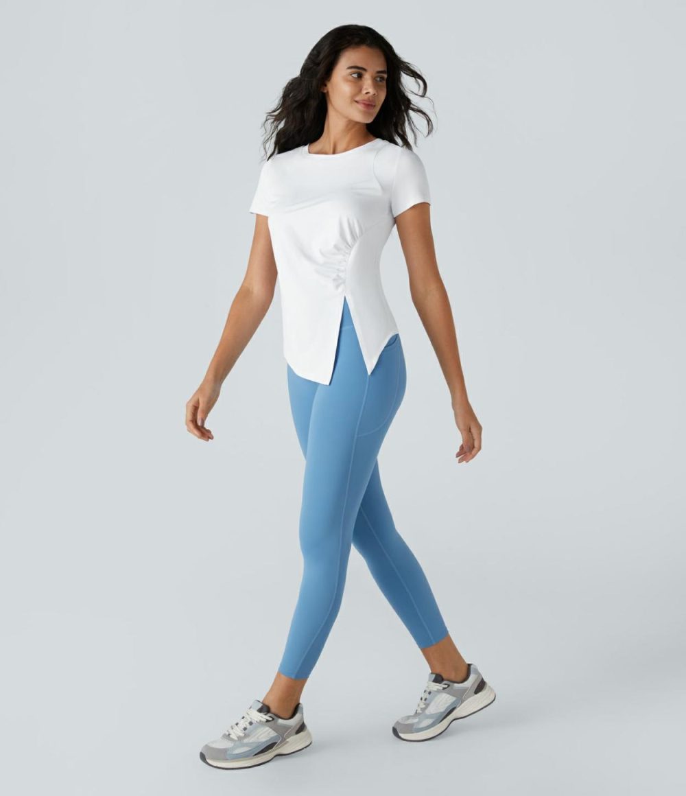 Ruched Asymmetric Split High Low Yoga Sports Top  | Womens  Sports Tops Clothing Ballad Blue/White