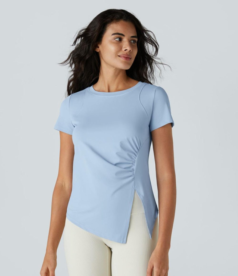 Ruched Asymmetric Split High Low Yoga Sports Top  | Womens  Sports Tops Clothing Ballad Blue/White