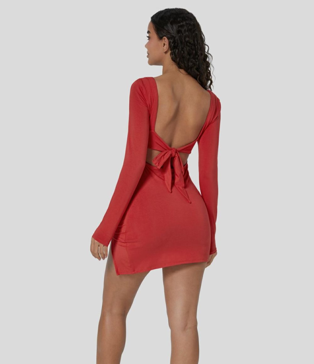 Ruched Backless Tie Back Split Hem Bodycon Mini Casual Dress  | Womens  Mini Dresses Clothing Haute Red/Black