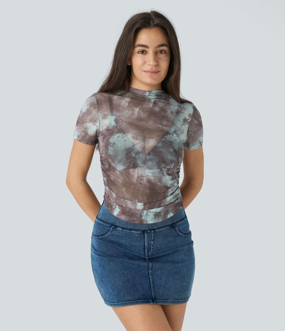 Ruched Curved Hem Tie Dye Sheer Mesh Casual Top  | Womens  Curved Hem Tops Clothing Curved Hem Tops