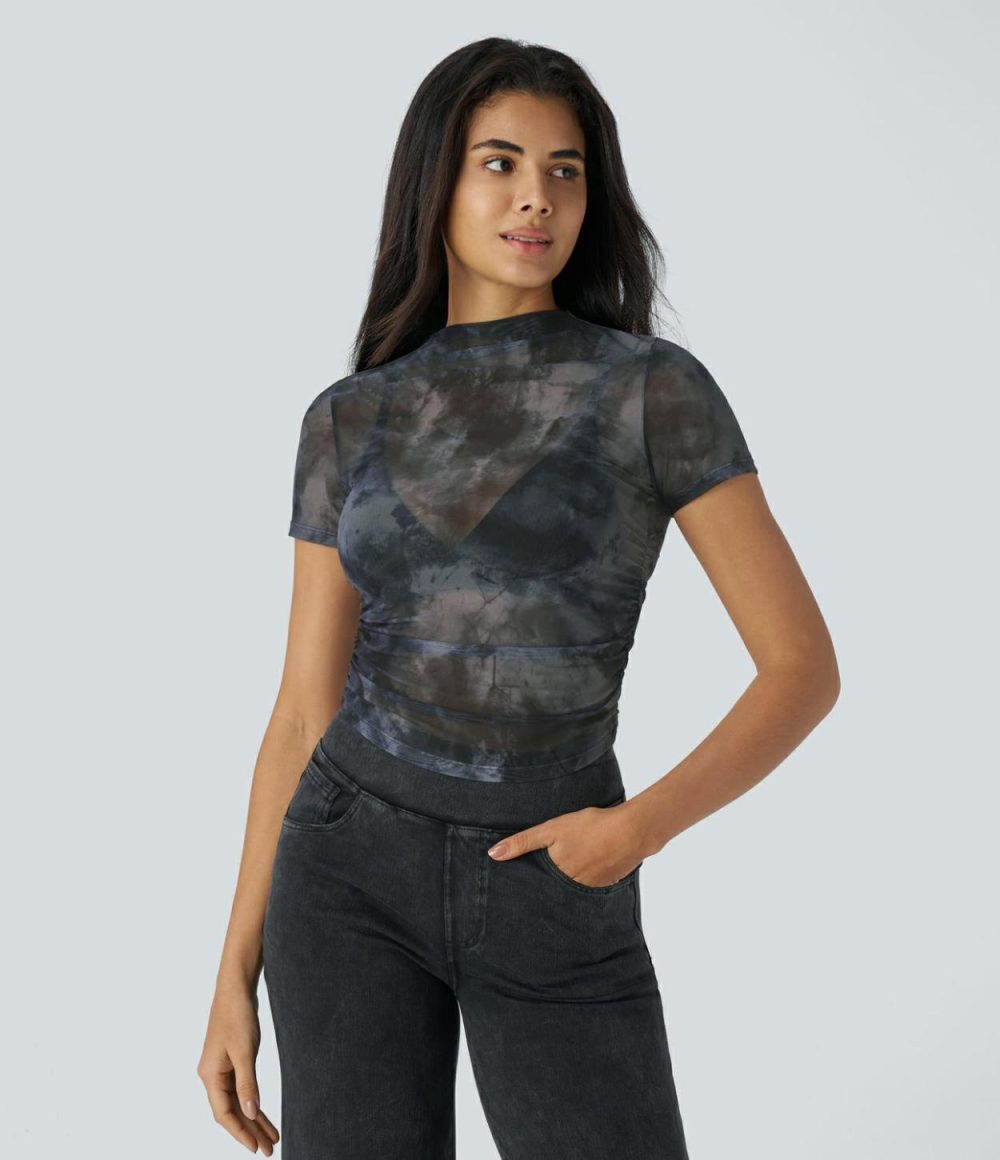 Ruched Curved Hem Tie Dye Sheer Mesh Casual Top  | Womens  Curved Hem Tops Clothing Curved Hem Tops