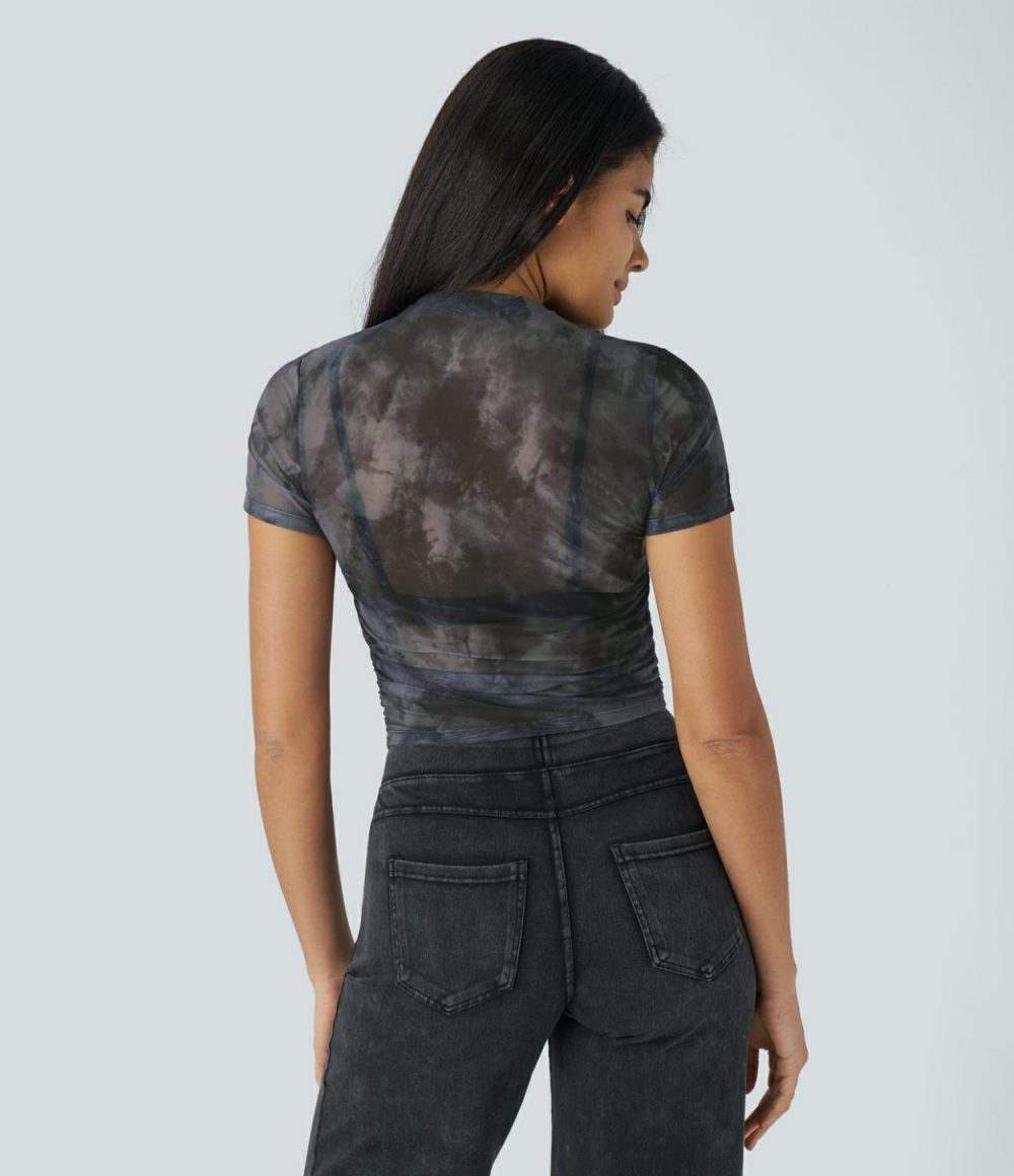 Ruched Curved Hem Tie Dye Sheer Mesh Casual Top  | Womens  Curved Hem Tops Clothing Curved Hem Tops