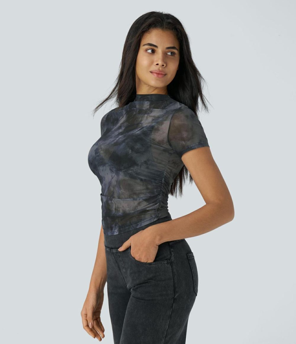 Ruched Curved Hem Tie Dye Sheer Mesh Casual Top  | Womens  Curved Hem Tops Clothing Curved Hem Tops