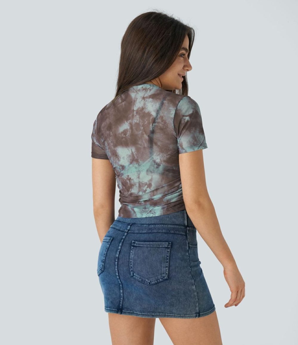 Ruched Curved Hem Tie Dye Sheer Mesh Casual Top  | Womens  Curved Hem Tops Clothing Curved Hem Tops