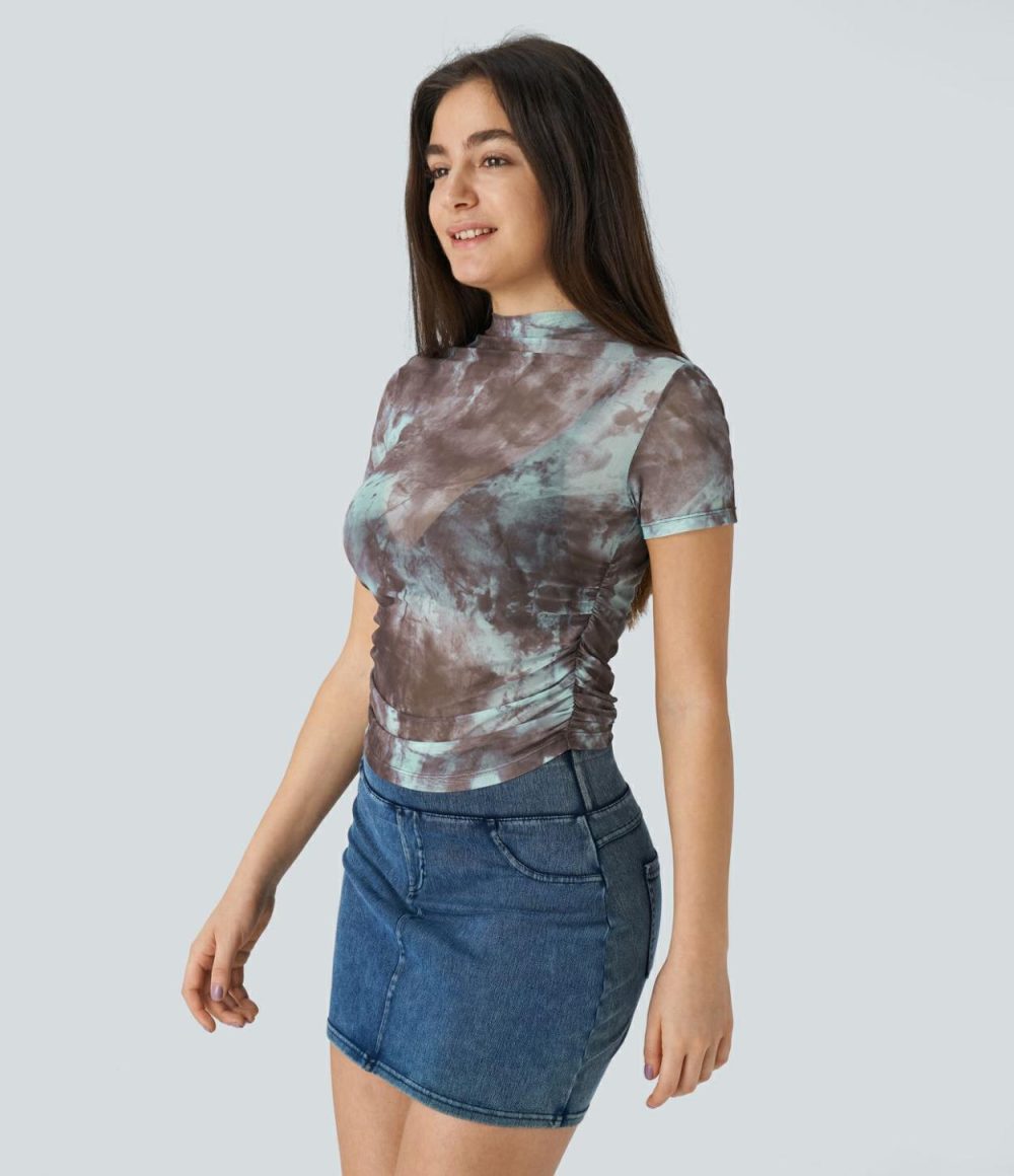 Ruched Curved Hem Tie Dye Sheer Mesh Casual Top  | Womens  Curved Hem Tops Clothing Curved Hem Tops