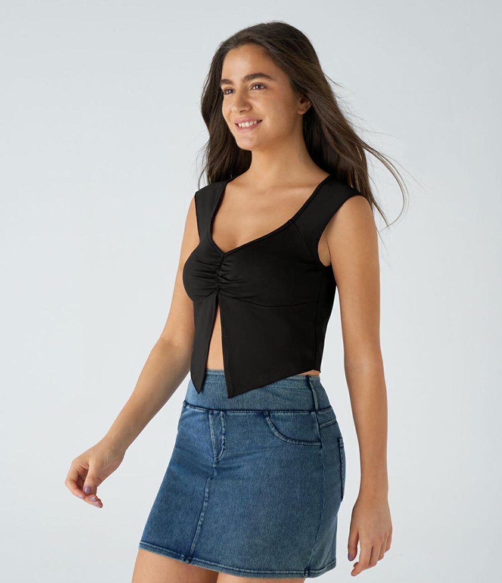 Ruched Split Cropped Casual Top  | Womens  Cropped Tops Clothing Black/White