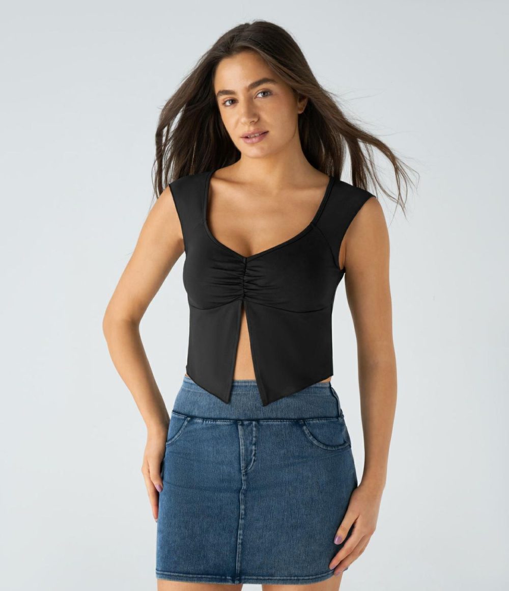 Ruched Split Cropped Casual Top  | Womens  Cropped Tops Clothing Black/White