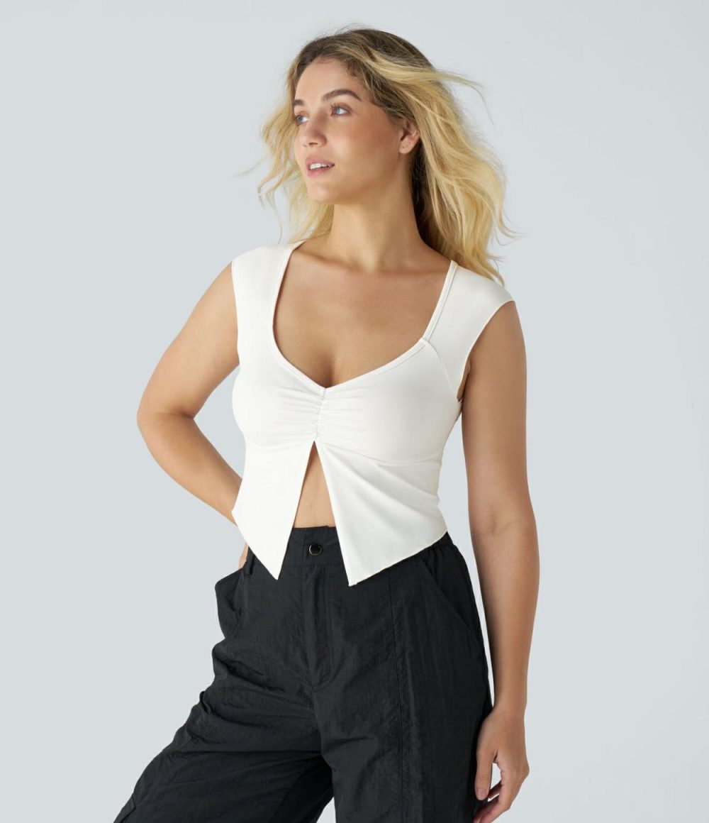 Ruched Split Cropped Casual Top  | Womens  Cropped Tops Clothing Black/White