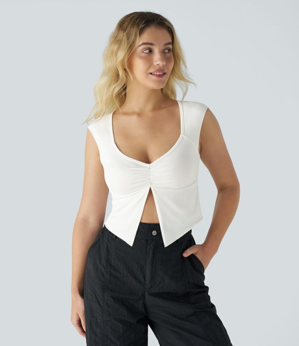 Ruched Split Cropped Casual Top  | Womens  Cropped Tops Clothing Black/White