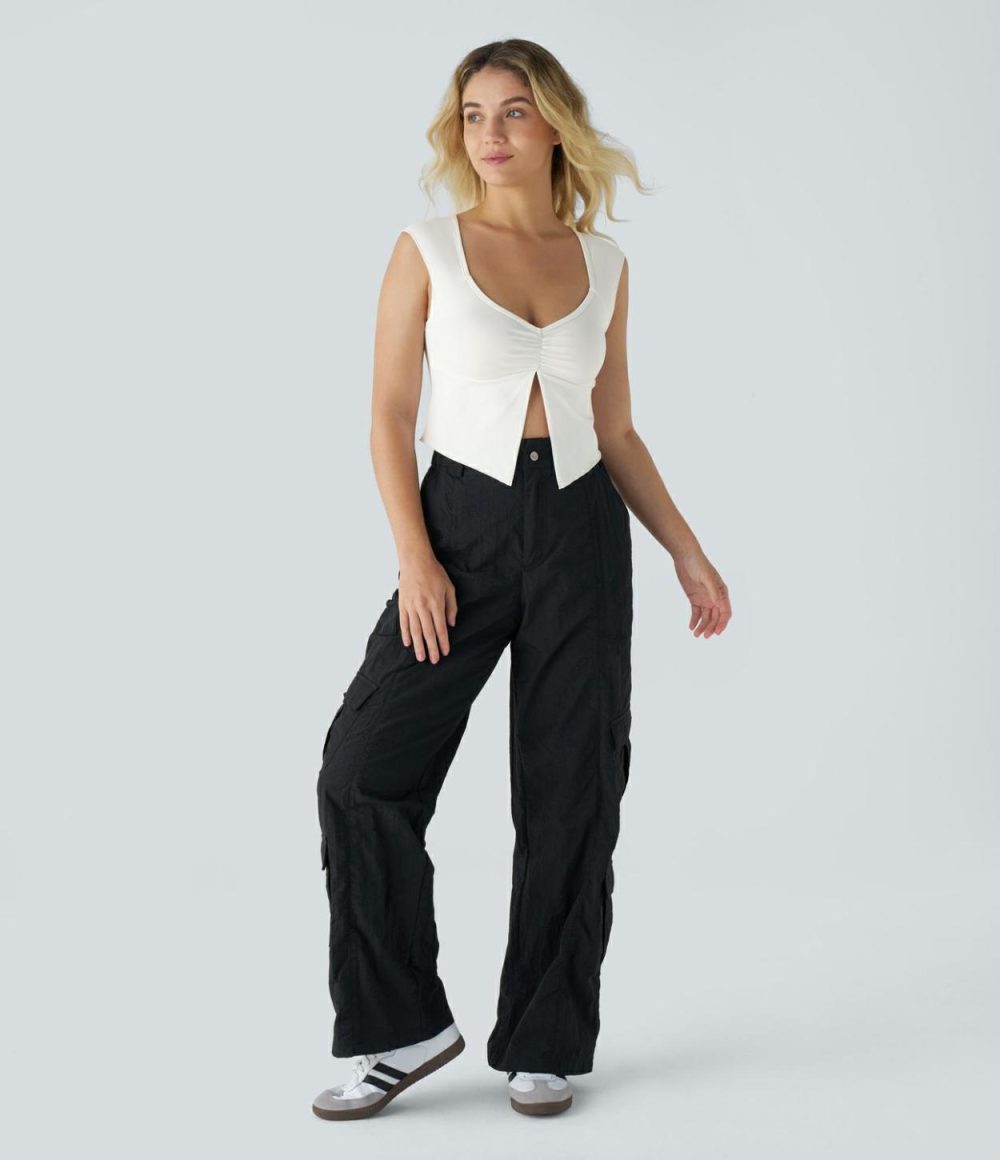 Ruched Split Cropped Casual Top  | Womens  Cropped Tops Clothing Black/White