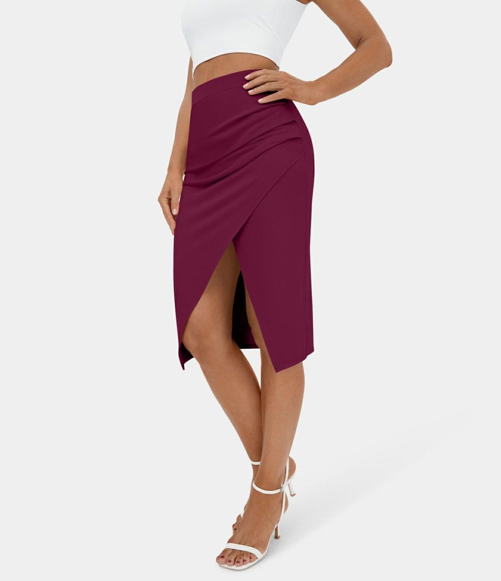 Ruched Split Hem Bodycon Midi Casual Skirt  | Womens  Everyday Skirts Clothing Black/Pale Rosette/Red Violet/Beaucoup Blue/Fog Gray