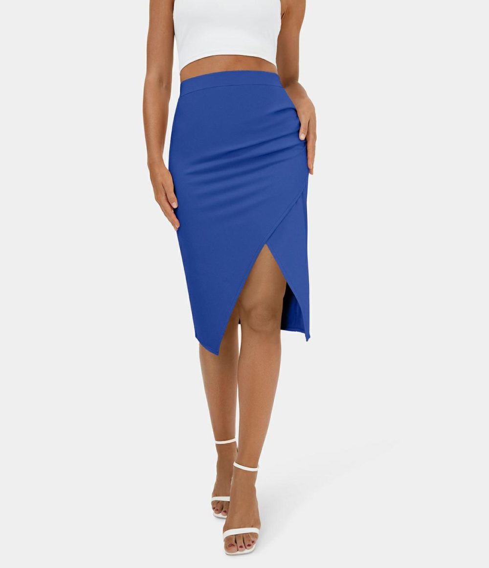 Ruched Split Hem Bodycon Midi Casual Skirt  | Womens  Everyday Skirts Clothing Black/Pale Rosette/Red Violet/Beaucoup Blue/Fog Gray