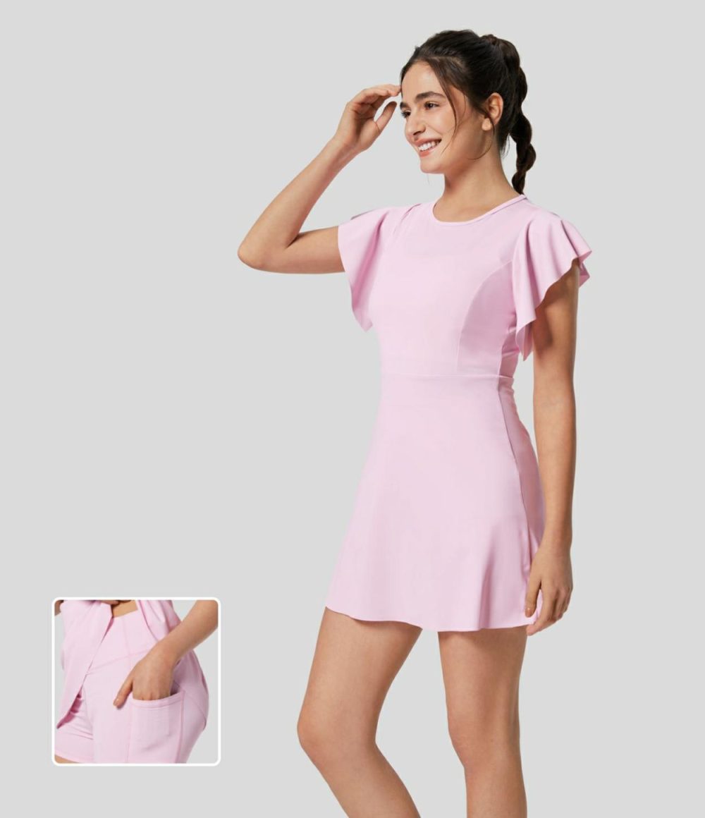 Ruffle Short Sleeve 2-Piece Side Pocket Flare Mini Active Dress  | Womens  Active Dresses Active Dresses Active Dresses