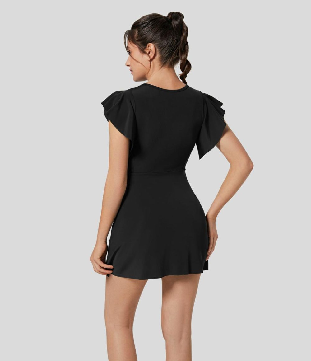 Ruffle Short Sleeve 2-Piece Side Pocket Flare Mini Active Dress  | Womens  Active Dresses Active Dresses Active Dresses