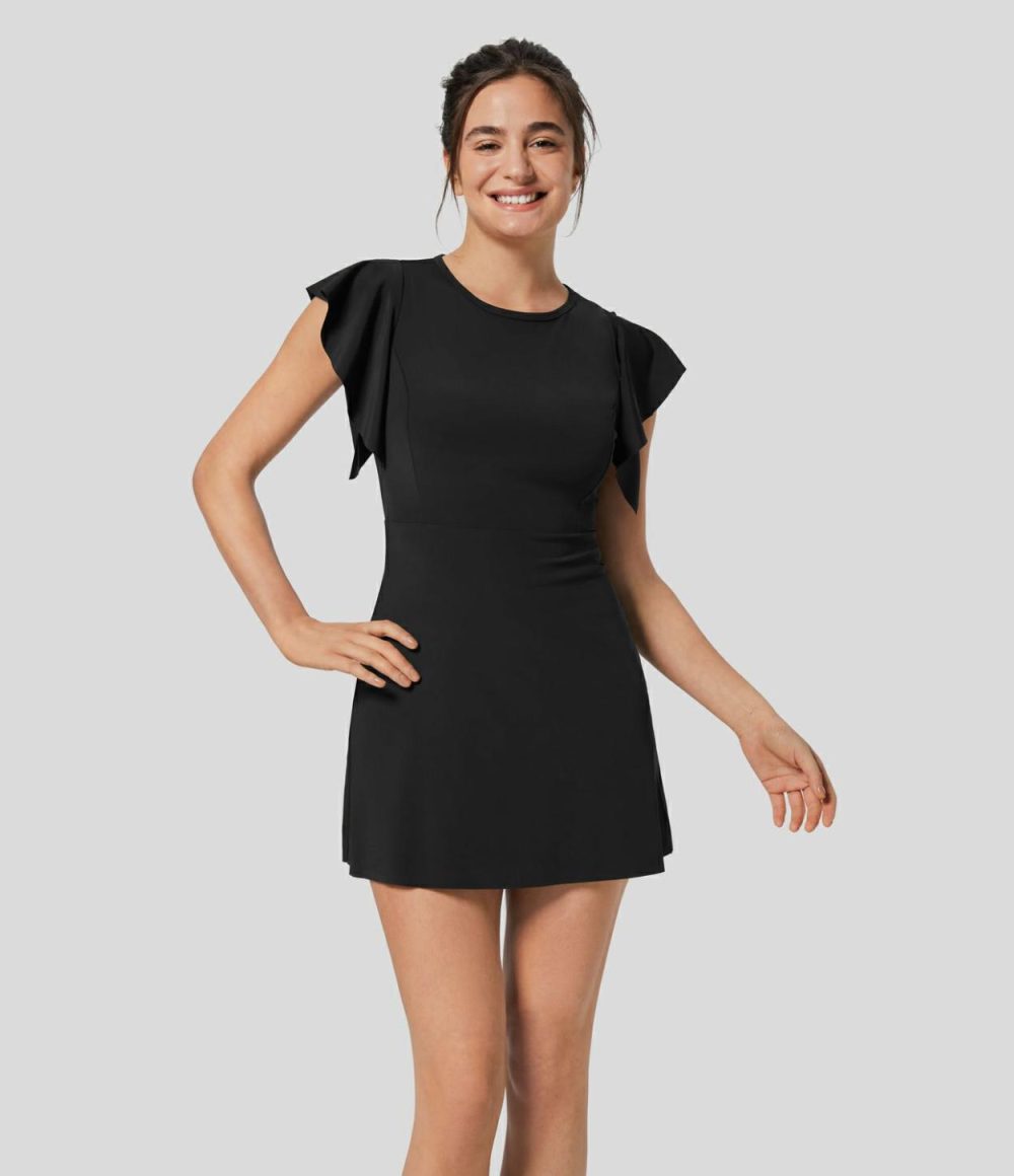 Ruffle Short Sleeve 2-Piece Side Pocket Flare Mini Active Dress  | Womens  Active Dresses Active Dresses Active Dresses