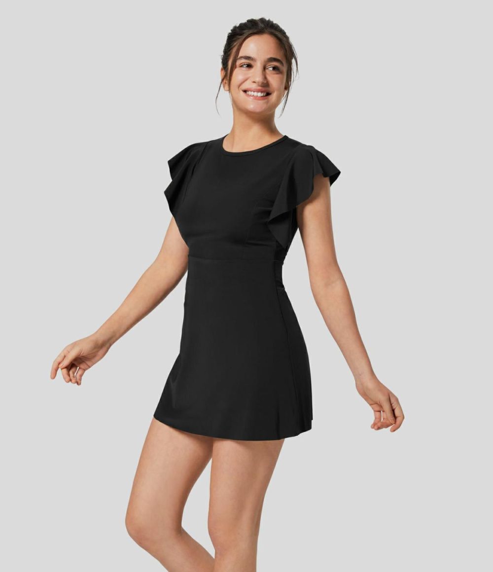 Ruffle Short Sleeve 2-Piece Side Pocket Flare Mini Active Dress  | Womens  Active Dresses Active Dresses Active Dresses