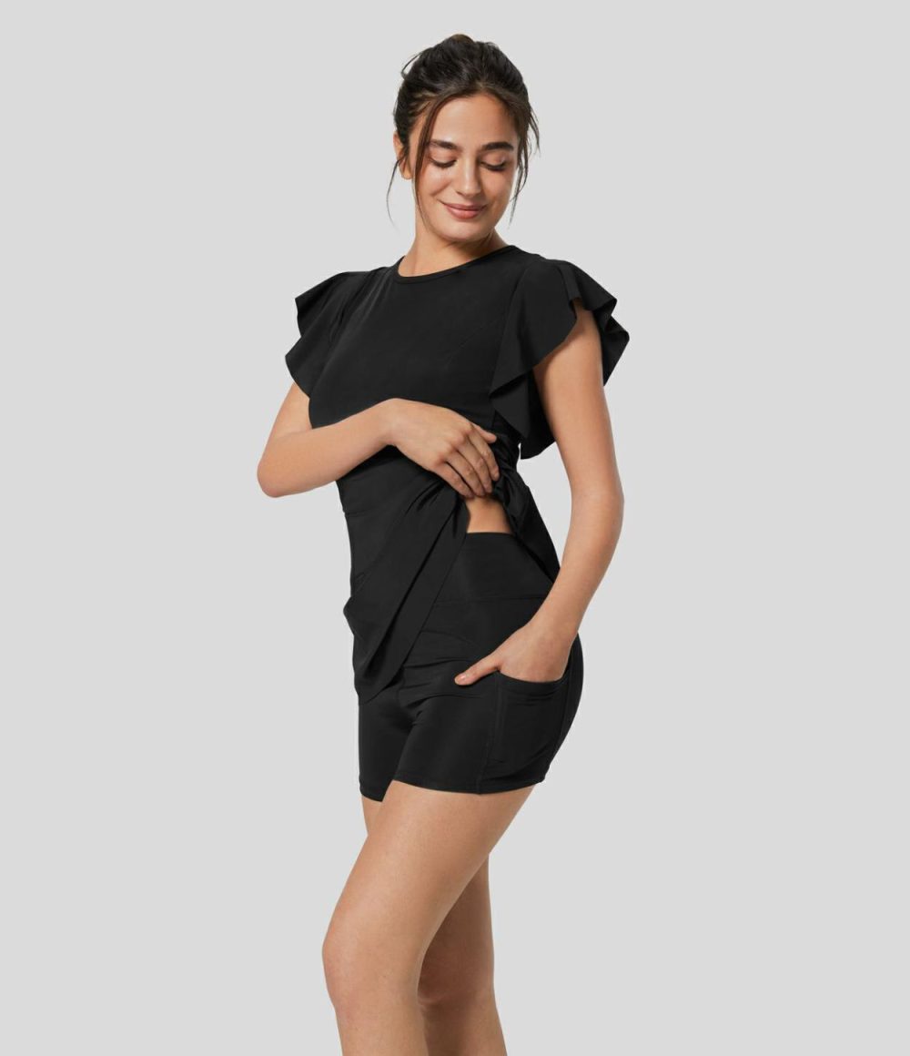 Ruffle Short Sleeve 2-Piece Side Pocket Flare Mini Active Dress  | Womens  Active Dresses Active Dresses Active Dresses