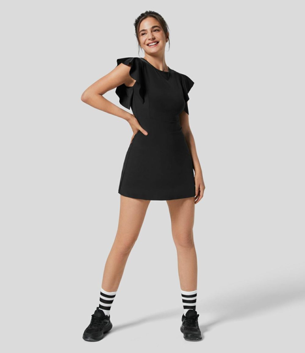 Ruffle Short Sleeve 2-Piece Side Pocket Flare Mini Active Dress  | Womens  Active Dresses Active Dresses Active Dresses