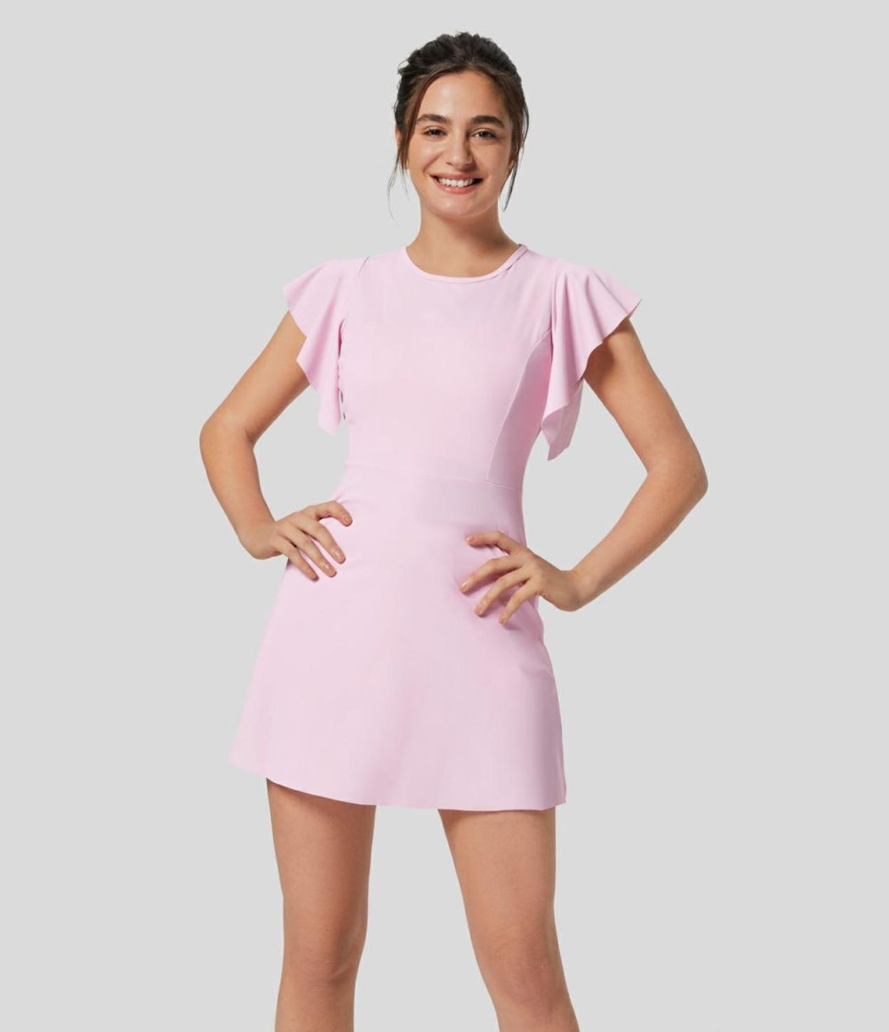 Ruffle Short Sleeve 2-Piece Side Pocket Flare Mini Active Dress  | Womens  Active Dresses Active Dresses Active Dresses